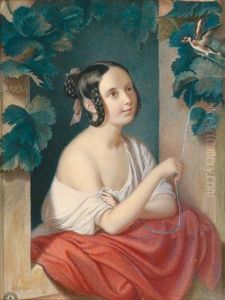 A Girl And A Songbird At The Window by Johann Manschgo