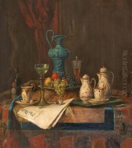 Zwei Stillleben Mit Zeitung Und Fruchten by Josef Mansfeld