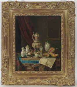 Stillleben Mit Porzellanservice, Portwein Und Melone by Josef Mansfeld