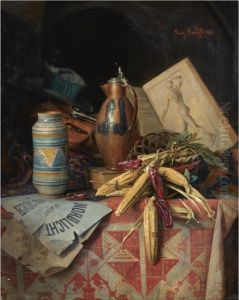 A Still Life With Earthenware, Vegetables And Manuscripts by Moritz Mansfeld