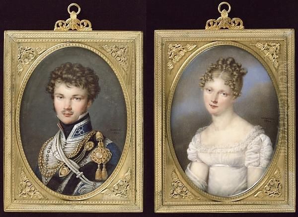 A Pair Of Portraits Of Count Esterhazy And His Wife, Nee Dillon: He, Wearing The Uniform Of The Austrian Hussars, Blue Dolman And Pelisse, Both Heavily Braided In Silver, The Latter Edged In Black Fur, His Chest Draped With Gold Caplines And Flouders, The - view 1
