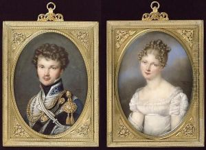 A Pair Of Portraits Of Count Esterhazy And His Wife, Nee Dillon: He, Wearing The Uniform Of The Austrian Hussars, Blue Dolman And Pelisse, Both Heavily Braided In Silver, The Latter Edged In Black Fur, His Chest Draped With Gold Caplines And Flouders, The by Andre Leon Larue Mansion