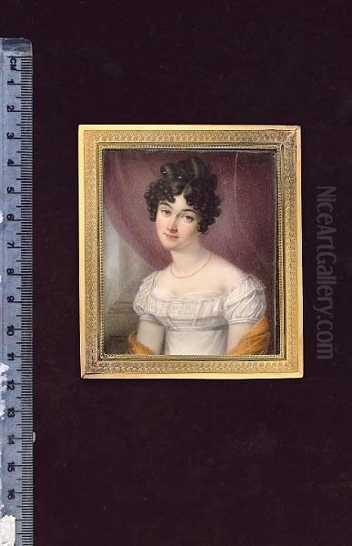 Miss Elizabeth Cooper, Wearing White Dress, The Bodice And Sleeves Striped With Ribbon, Lace Collar, Gauze Underslip, Deep Yellow Shawl And Chain Necklace, Crimson Curtain And Pillar Background (hairline Crack) - view 1