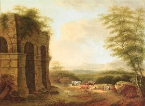 A Herdsman And His Dog Beside A Ruined Arch by Bernhard Gottfried Manskirch