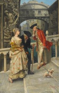Lovers And Chaperone Meeting On The Venetian Canal by Giocomo Mantegazza