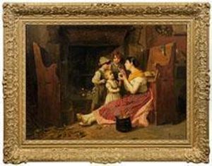 Italienischebauernfamilie Vor Einem Kamin by Giocomo Mantegazza