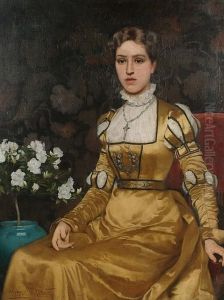 Portrait, Three Quarter Length, Of A Seated Lady Wearing A Gold Satin Dress