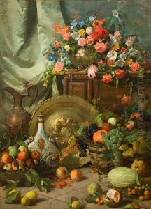 Trionfo Di Fiori E Frutti Con Arredi, Rami E Bottiglia In Maiolica by Giacomo Manzoni