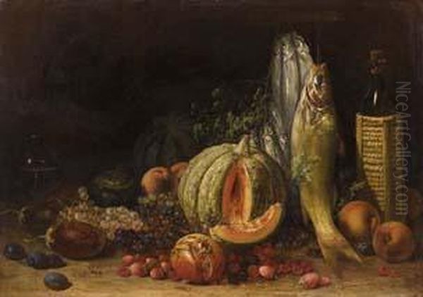 Natura Morta Con Pesci, Zucca, Frutti Ebottiglia Di Vino - view 1