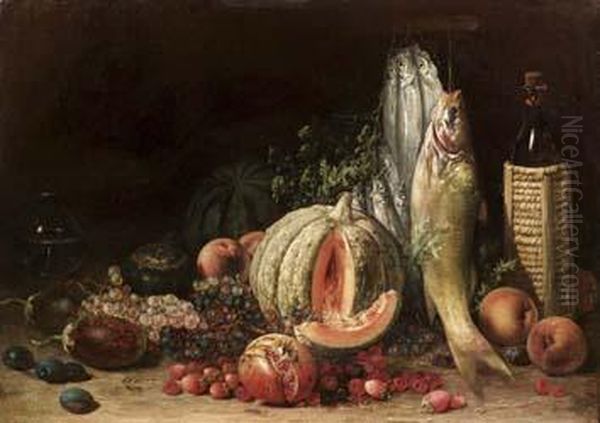 Natura Morta Con Pesci, Zucca, Frutti E Bottiglia Di Vino - view 1