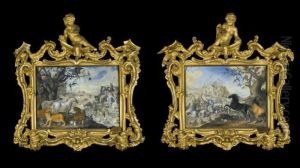 Landscape With Pairs Of Animals And Birds Including Tigers Leopards Elephants And Peacocks (#) A Landscape With Pairs Of Animals And Birds With Figures Sacrificing Antelope On A Stone by Ridolfo Manzoni
