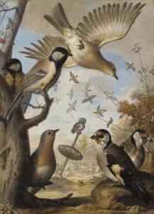 Finches And Other Small Birds By A Tree Stump, An Owl Perched On A Bird Trap And Shepherds With Their Flocks Beyond