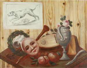 A Trompe L'oeil Of A Mandolin, Flute, Mask, Music Sheet, And Other Objects On A Table by Antonio Mara Lo Scarpetta