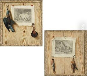 A Trompe L'oeil Still Life With Dead Game And Hunting Pouch Pinned To An Engraving On A Faux Boiserie Ground; And Another Similar by Antonio Mara Lo Scarpetta