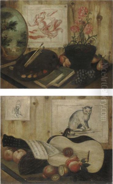 Natura Morta Con Un Dipinto, Un Disegno, Un Vaso Di Garofani, Libri E Una Tavolozza Da Pittore - view 1