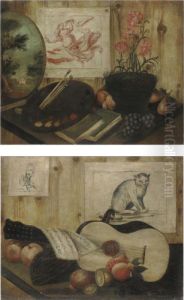 Natura Morta Con Un Dipinto, Un Disegno, Un Vaso Di Garofani, Libri E Una Tavolozza Da Pittore