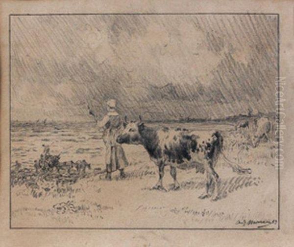 Jeune Fermiere Et Ses Vaches Devant La Mer - view 1