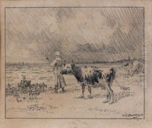 Jeune Fermiere Et Ses Vaches Devant La Mer by Adolphe Charles Marais