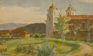 Early View Of Santa Barbara Mission S L/l: J.n. Marble W/c On/p Under Glass Sight: 5.5 X 9 by John Nelson Marble