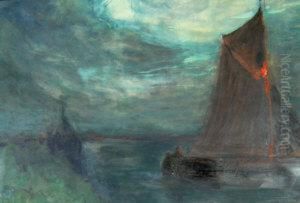 Fishing Vessels Leaving Harbour On A Moonlit Night by Alexandre Marcette