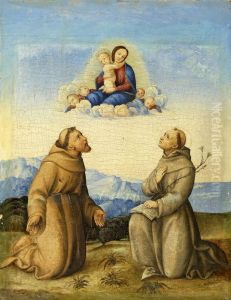St Francois D'assise Et St Antoine De Padoue Devant La Vierge A L'enfant. Huile Sur Panneau Agrandie. 28 X 21