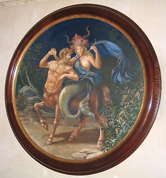 Depicting A Mermaid Riding On The Back Of A Centaur In Dark Forestlandscape, Within Parcel Gilt Walnut Frame. - view 1