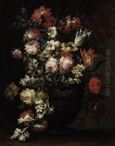 Chrysanthemums, Roses, Parrot Tulips, Anemonies And Other Blooms Inan Urn - view 1