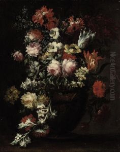 Chrysanthemums, Roses, Parrot Tulips, Anemonies And Other Blooms Inan Urn by Elisabetta Marchioni