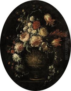 Roses, Parrot Tulips, Carnations And Other Blooms In An Urn On Astone Ledge by Elisabetta Marchioni