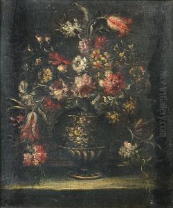 Roses, Tulips, Narcissi And Other Flowers Inan Urn On A Stone Ledge by Elisabetta Marchioni