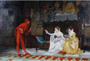 A Genre Scene Of A Jester Entertaining Two Female Courtiers In An Interior by Andrea Marchisio