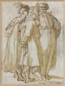 Trois Orientaux En Pied Plume Et Encrebrune by Giovan Battista Marcola