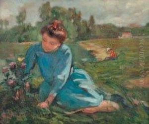 Jeune Femme Cueillant Des Fleurs by Victor Marec
