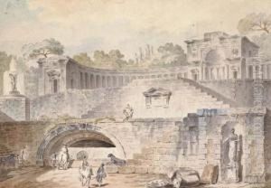 Figures In A Garden Below An Amphitheatre; And Figures Gathered At A Pool By Classical Ruins by Jean-Baptiste Marechal