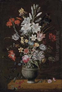 Lilies, Irises, Tulips, Narcissi And Other Flowers In An Urn With Agrasshopper And A Dragonfly On A Stone Ledge by Jakob Marellus