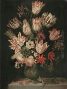 A Still Life Of Tulips And Other Flowers In A Vase On A Marble Ledge, With A Green Lizard by Jakob Marellus