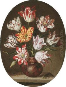 Tulips In A Vase With A Caterpillar And A Grasshopper On A Stone Ledge, And Dragonflies And A Bee