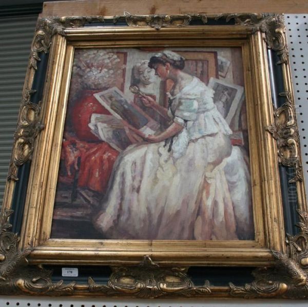 Lady Looking At Pictures Through A Magnifying Glass - view 1
