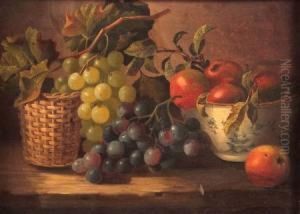 Still Life Study Of Grapes, Basket And Bowlof Apples On A Table Ledge by Maria Margitson