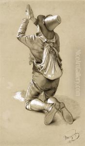 A Wayfarer, Pictured Kneeling With Hands Raised In Prayer by Florian Margraf