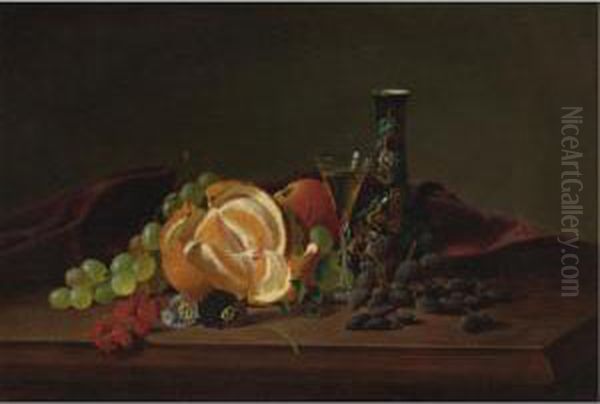 Orange, Raisins, Pansies, Wine Glass And Japanese Vase - view 1
