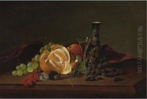 Orange, Raisins, Pansies, Wine Glass And Japanese Vase by Maria Peale