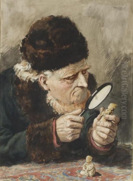 Portrait D'un Homme Assis Portant Un Chapeau Et Regardant Des Figurines A La Loupe - view 1