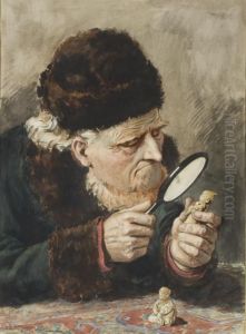 Portrait D'un Homme Assis Portant Un Chapeau Et Regardant Des Figurines A La Loupe