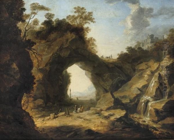 A Rocky Landscape With Soldiers Near A Waterfall - view 1