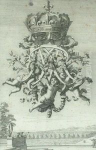 Cherubs Holding Aloft A Crown With A Cipher, Above Aclassical Landscape And Figures