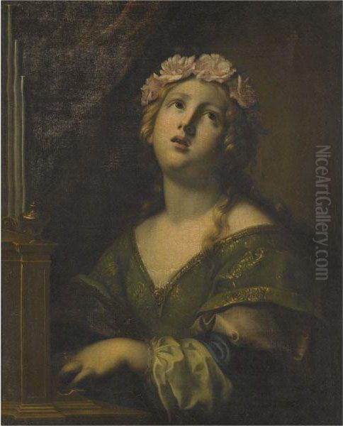 St. Cecilia Wearing A Crown Of Flowers, Playing An Organ - view 1