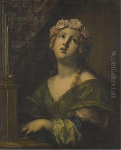 St. Cecilia Wearing A Crown Of Flowers, Playing An Organ by Onorio Marinari