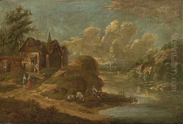 Wooded River Landscape With Farmhouses Andfigures - view 1