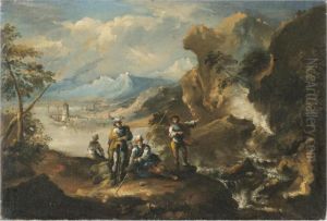 A Coastal Landscape With Figures Beside A Cascade